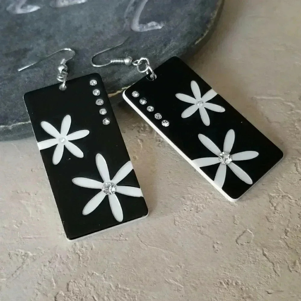 Retro White Black Lucite Austrian Crystal Earrings